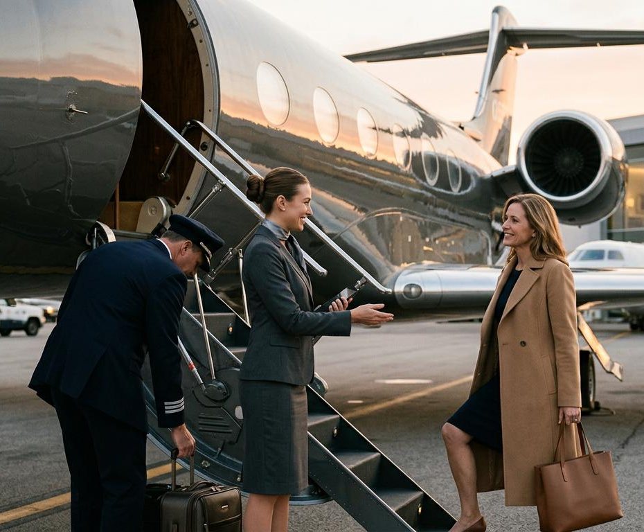 A pilot and flight attendant greet a passenger at the stairs of a private jet at sunset