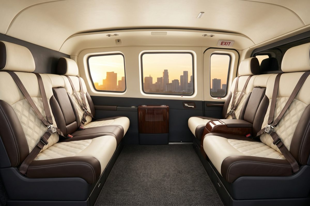 Helicopter cabin with cream and brown leather seating